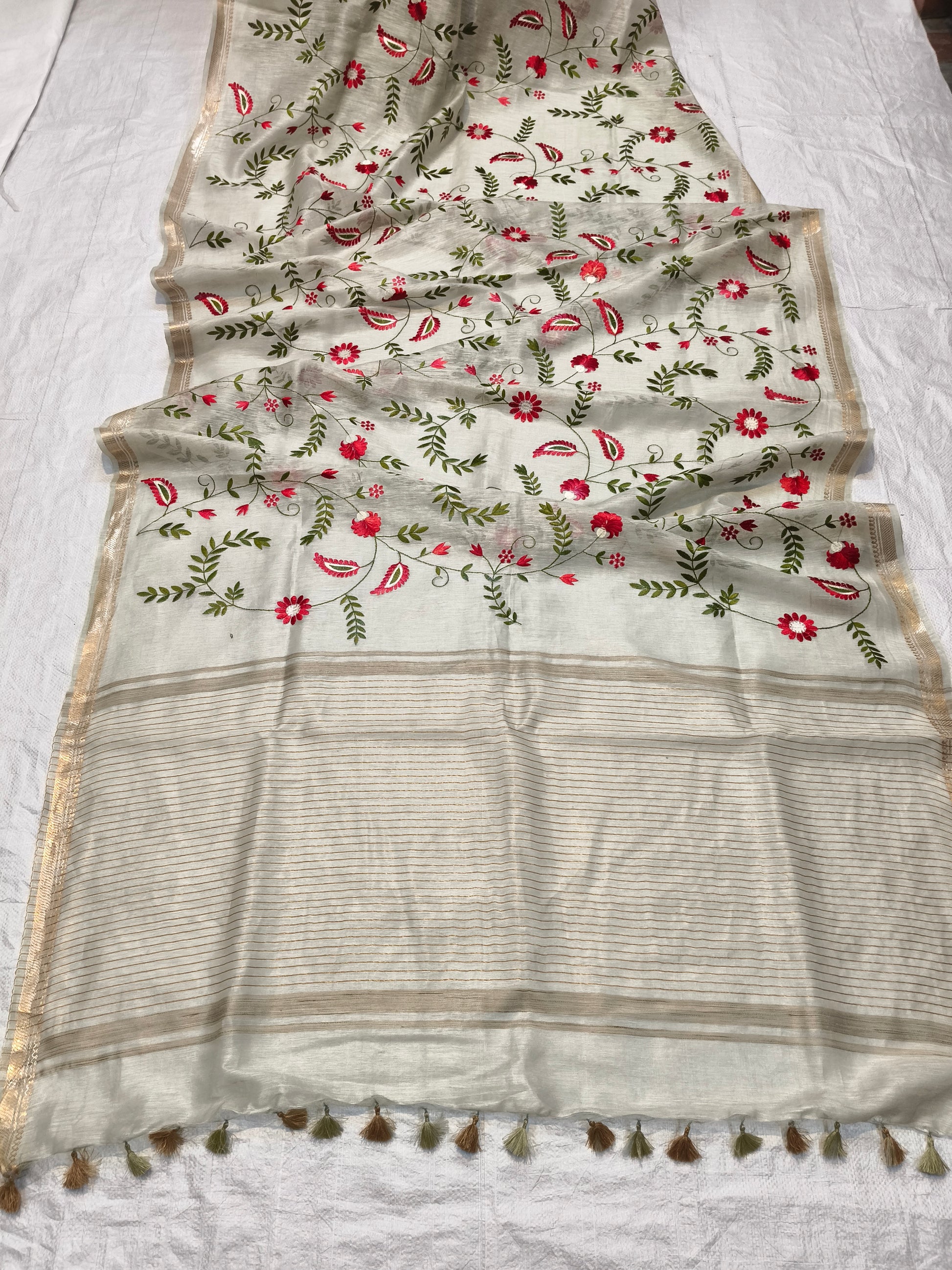 Light Green Silk Linen Saree with embroidery work - Roomz Fashion