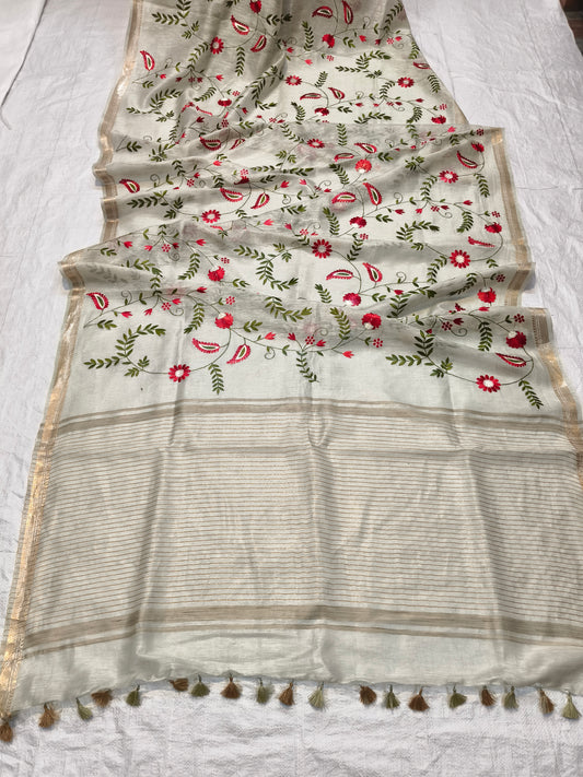 Light Green Silk Linen Saree with embroidery work - Roomz Fashion