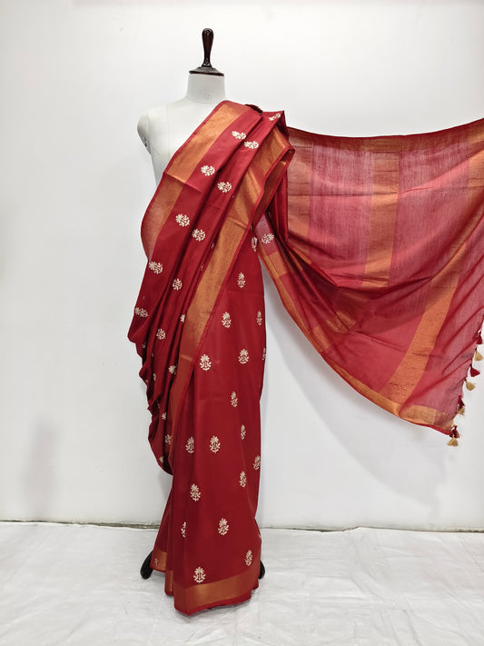 Maroon Kota Viscose Saree with embroidery work - Roomz Fashion