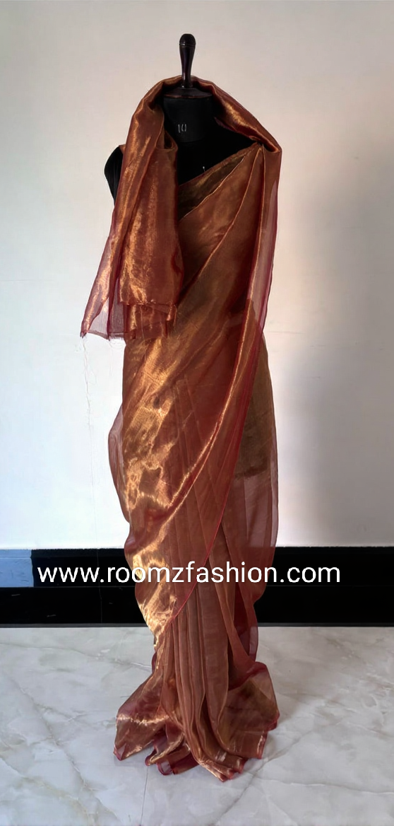Maroon tissue silk saree with silk mark certification and plain elegant design