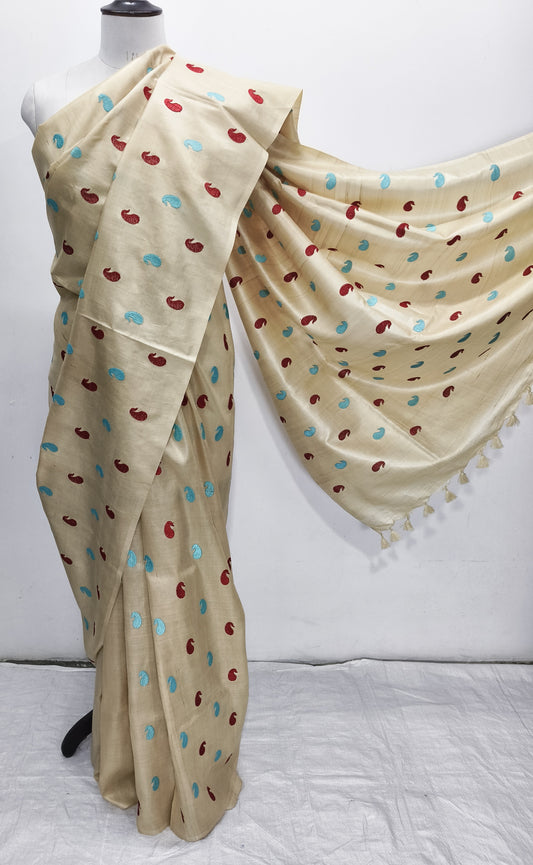 Natural Color Desi Tussar Silk Saree with embroidery work - Roomz Fashion