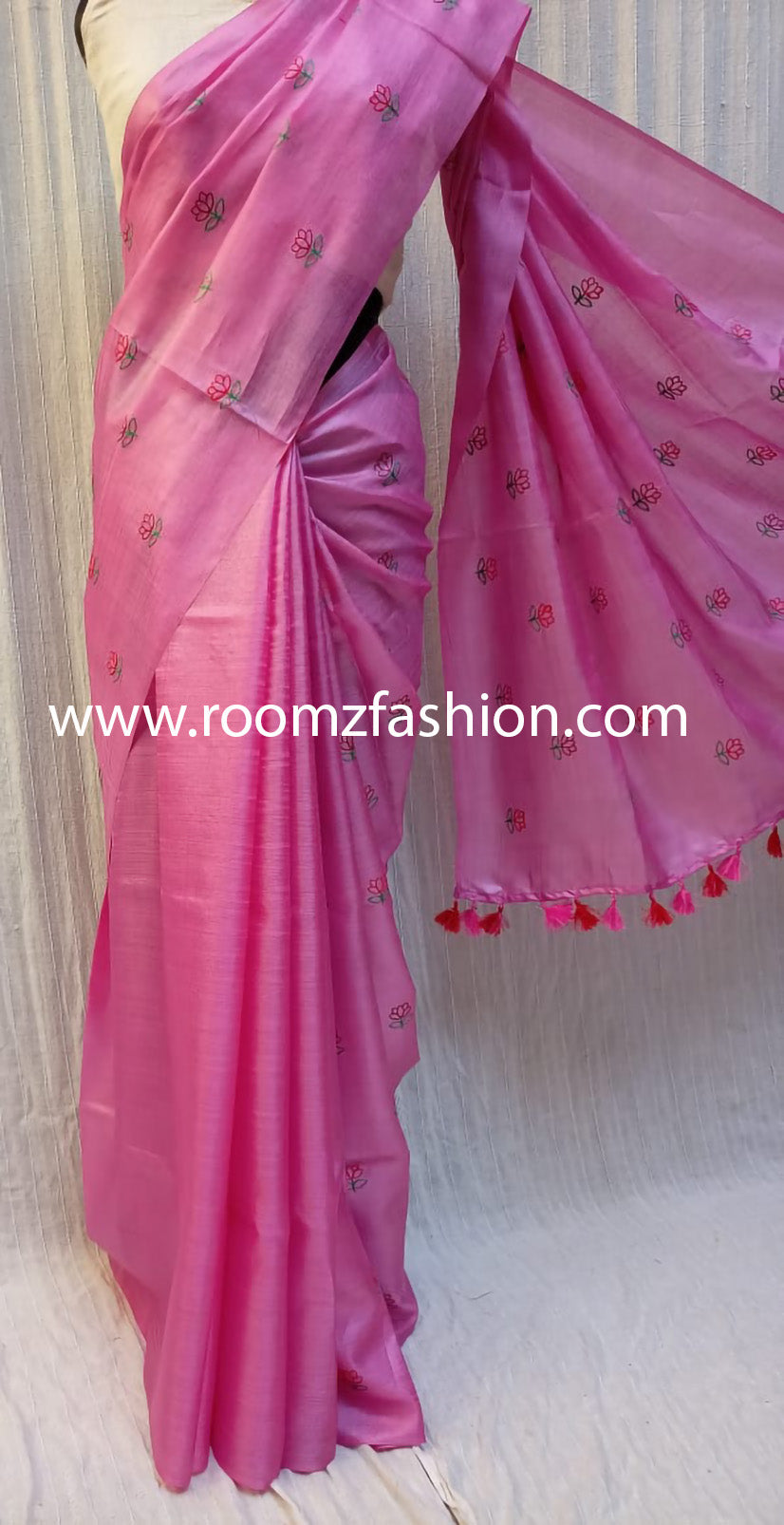 Orange Tussar silk saree with floral embroidery - Silk Mark certified - Roomz Festive Collection"