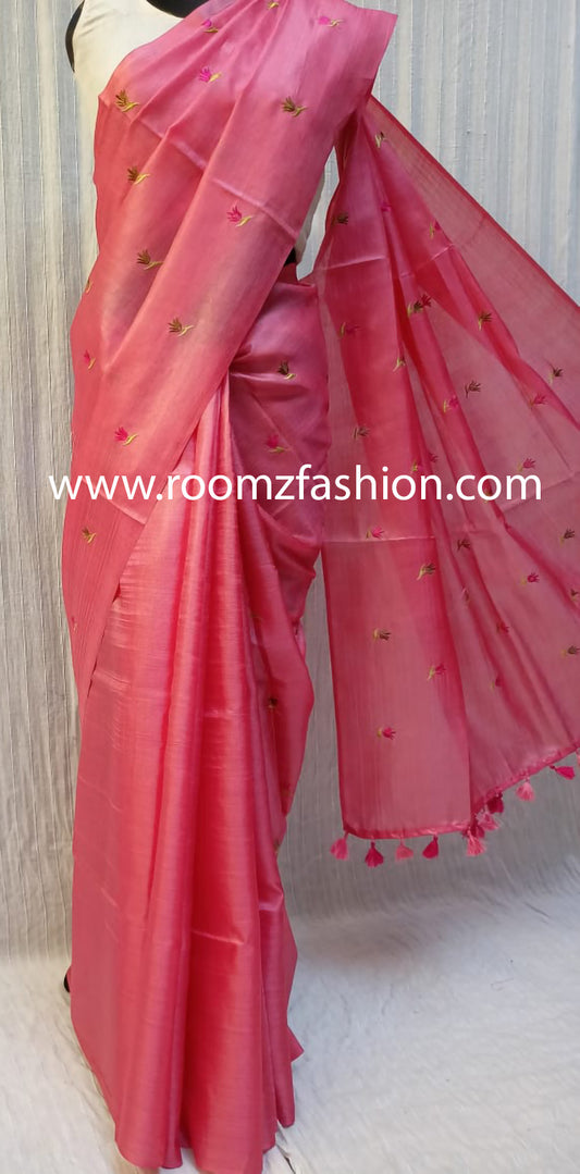 Orange handloom Tussar silk saree with floral embroidery - Silk Mark certified - Roomz Festive Collection