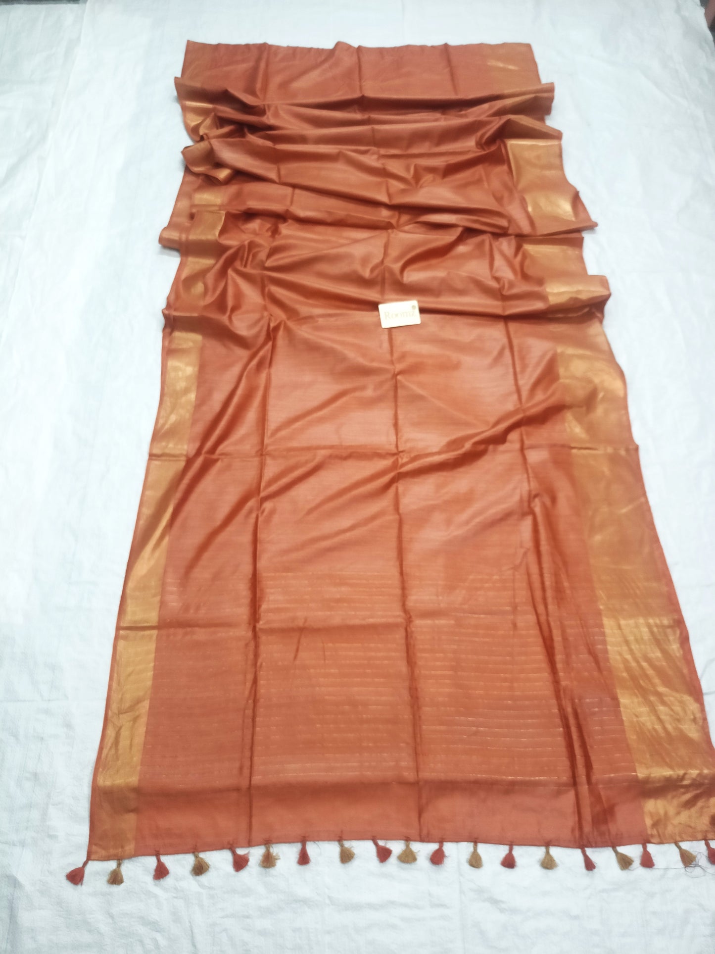 Peach Pure Tussar Munga Silk Saree with plain body - Roomz Fashion
