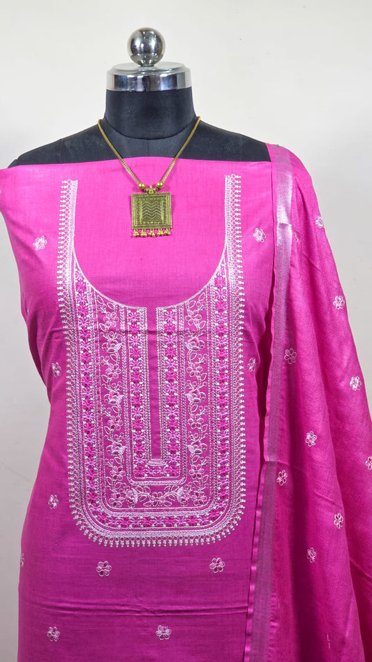 Pink Pure Linen Unstitched Suit with embroidery work - Roomz Fashion