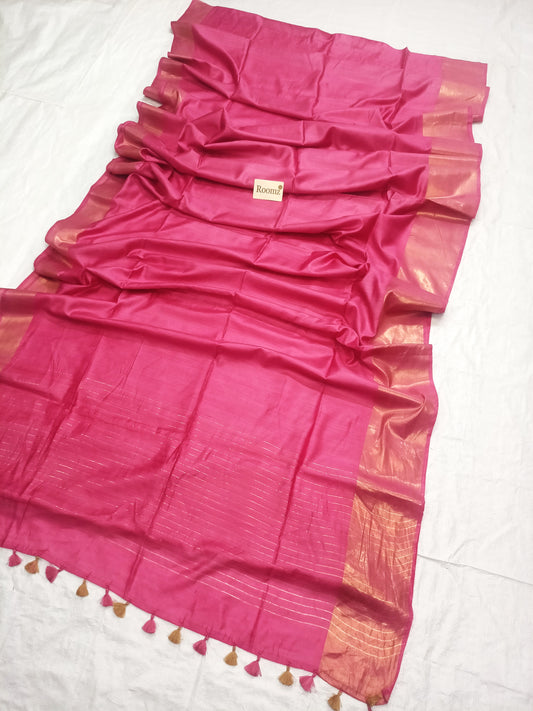 Pink Pure Tussar Munga Silk Saree with plain body - Roomz Fashion
