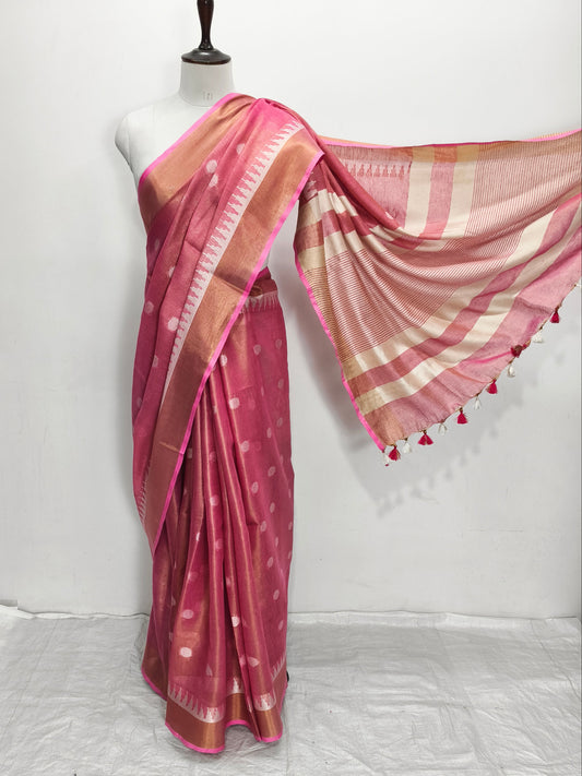 Pink Tissue Linen Saree with polka dots and temple weaving - Roomz Fashion
