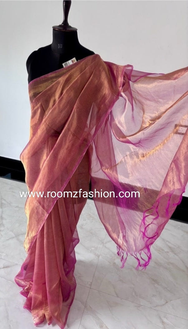 Pink Tissue Silk Saree with tassels and running blouse