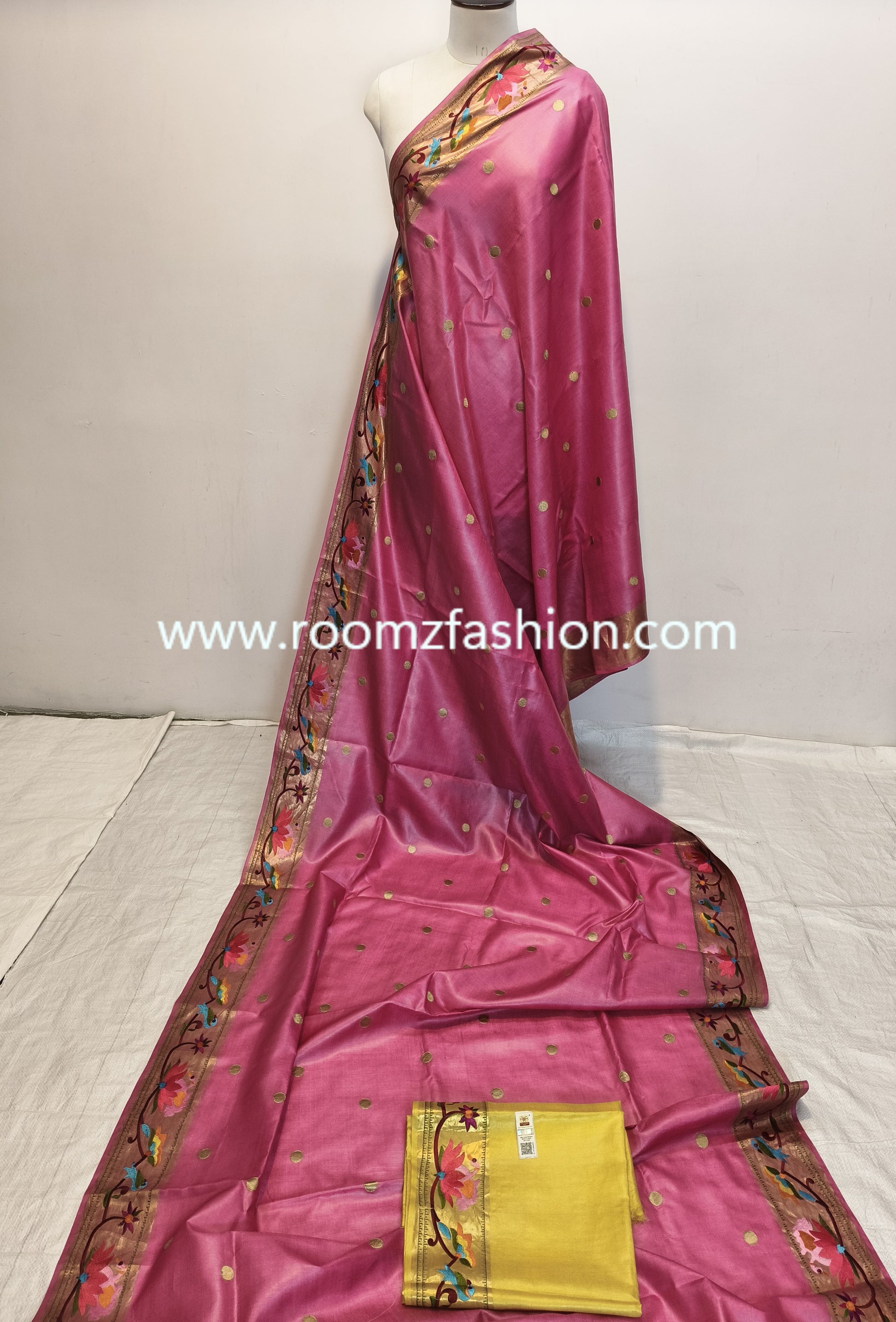 Pink Tussar Silk Saree with embroidery border and tassel pallu, Silk Mark certified