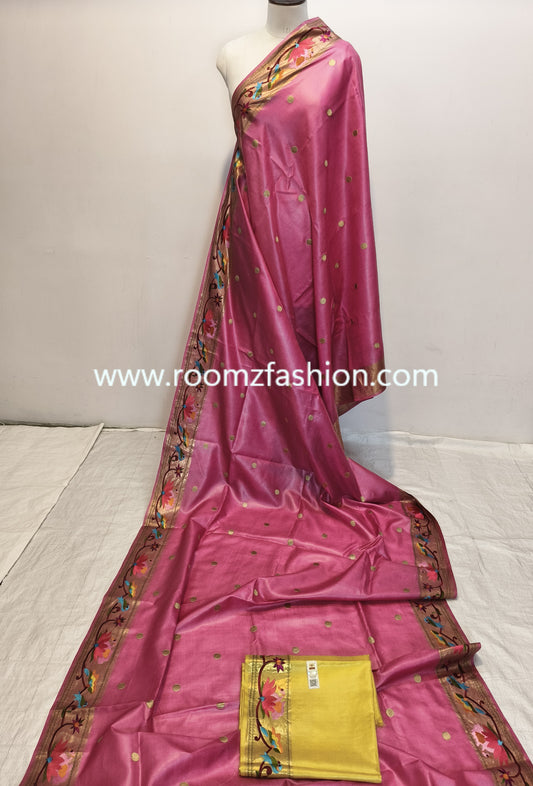 Pink Tussar Silk Saree with embroidery border and tassel pallu, Silk Mark certified