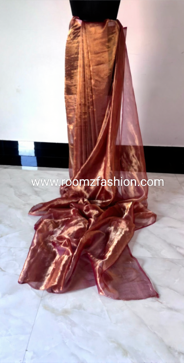 Plain maroon tissue silk saree made from certified tissue silk fabric