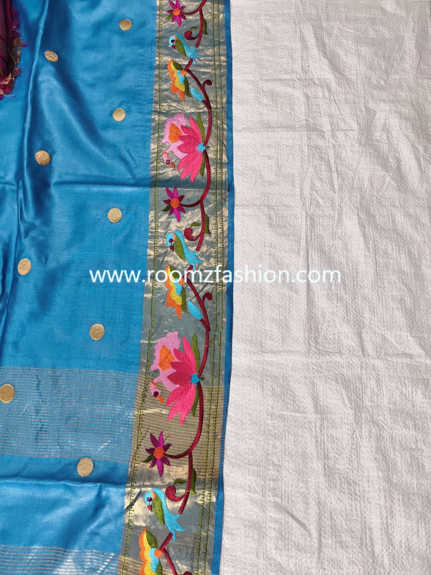 Pure Tussar Silk Saree in blue color with embroidered border and running blouse