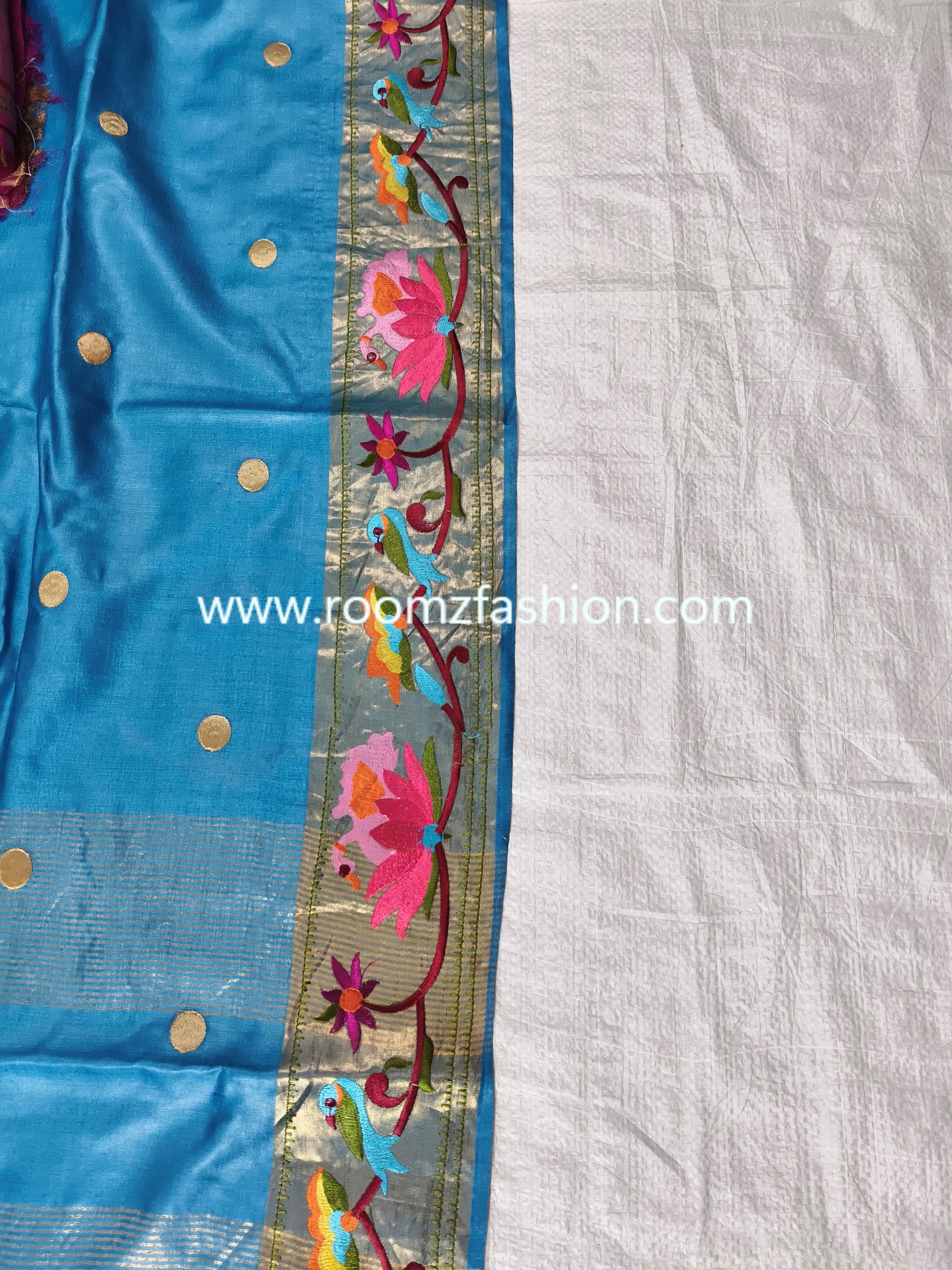 Pure Tussar Silk Saree in blue color with embroidered border and running blouse