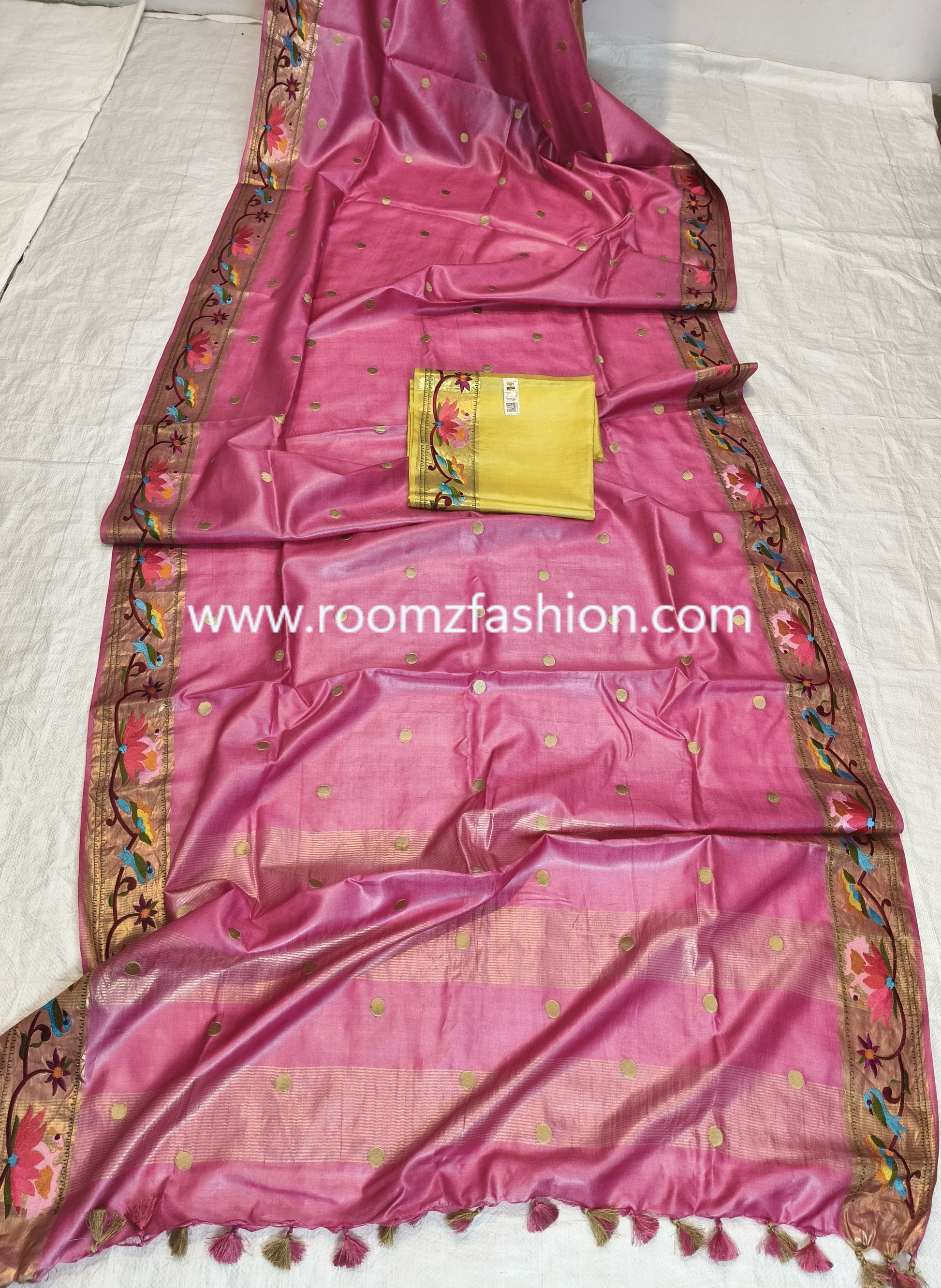 Pure Tussar Silk Saree in pink color with yellow running blouse