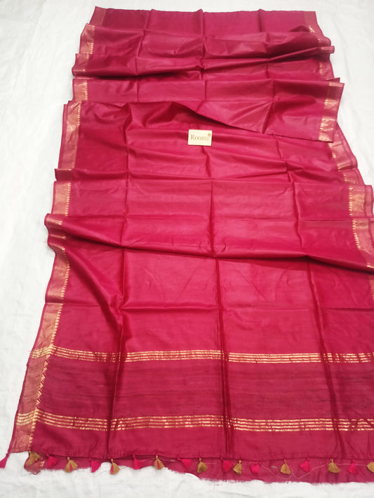 Red Tussar Munga Silk Saree with golden zari border

