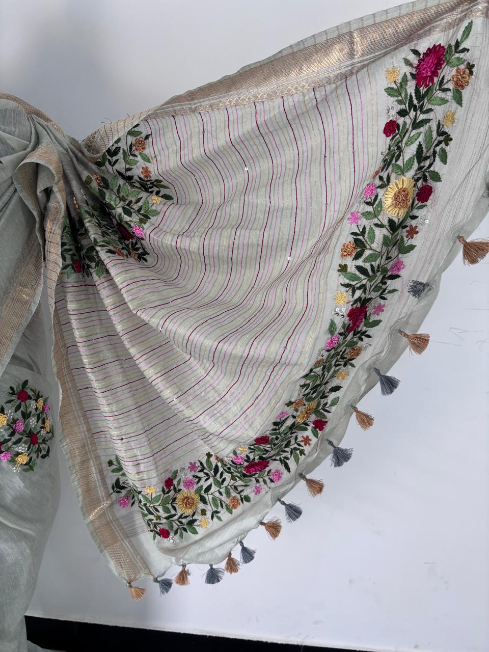 Steel gray linen-Kota blend saree with golden zari border - [Roomz Fashion]