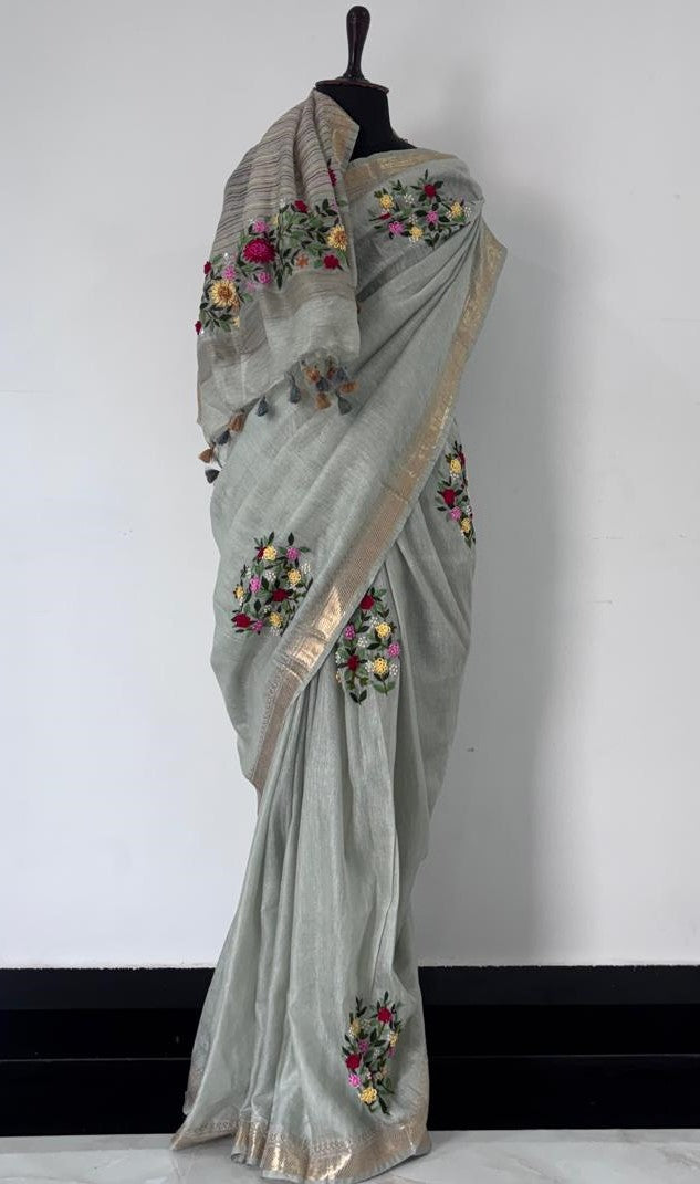 Steel gray linen-Kota blend saree with golden zari border - [Roomz Fashion]