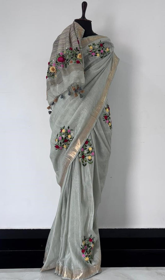 Steel gray linen-Kota blend saree with golden zari border - [Roomz Fashion]