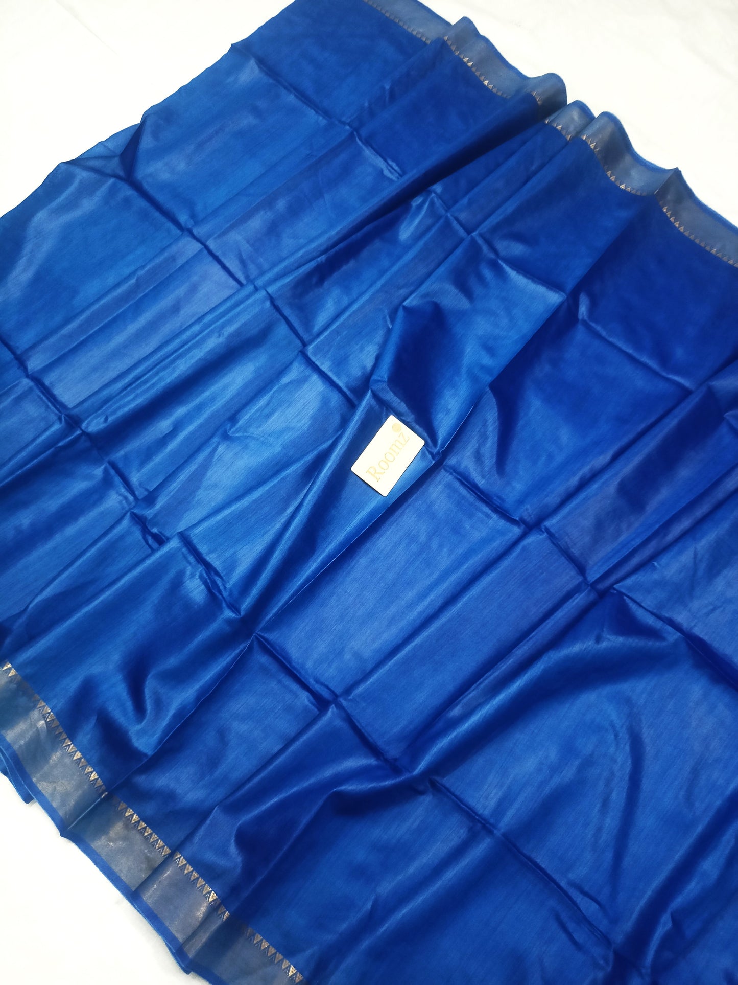 Royal blue Tussar Munga silk saree with golden zari border - Roomz Fashion