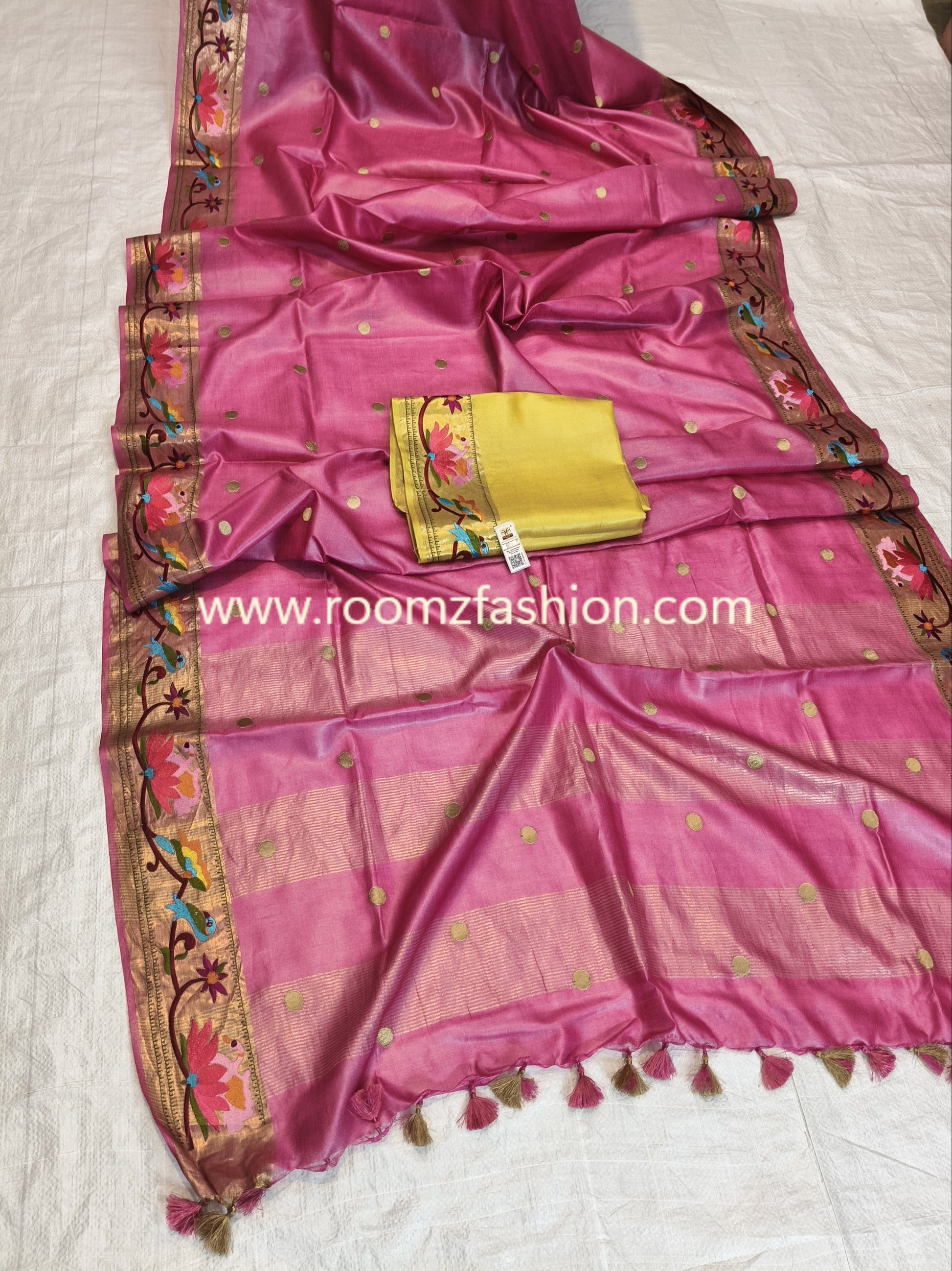 Silk Mark certified Pink Tussar Silk Saree with handcrafted embroidery