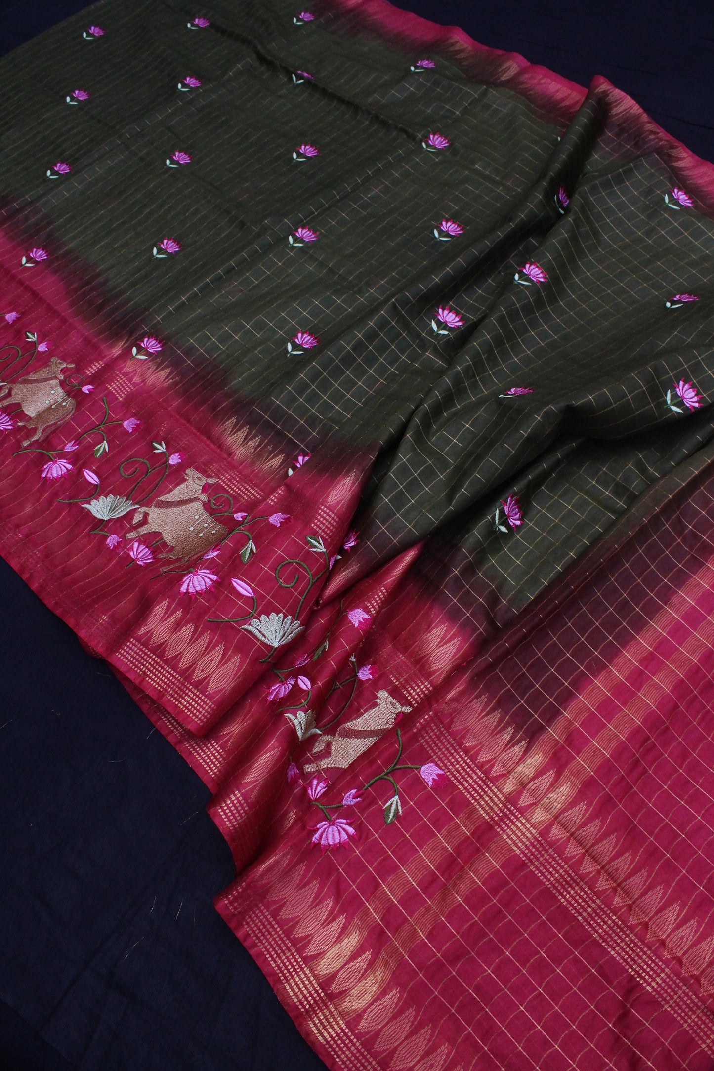 Pink and green silk saree with golden zari border - Fashion Forward Collection