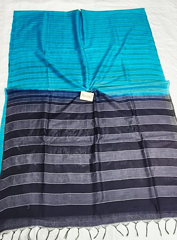 Turquoise Organza Viscose Saree with blue contrast blouse - Roomz Fashion