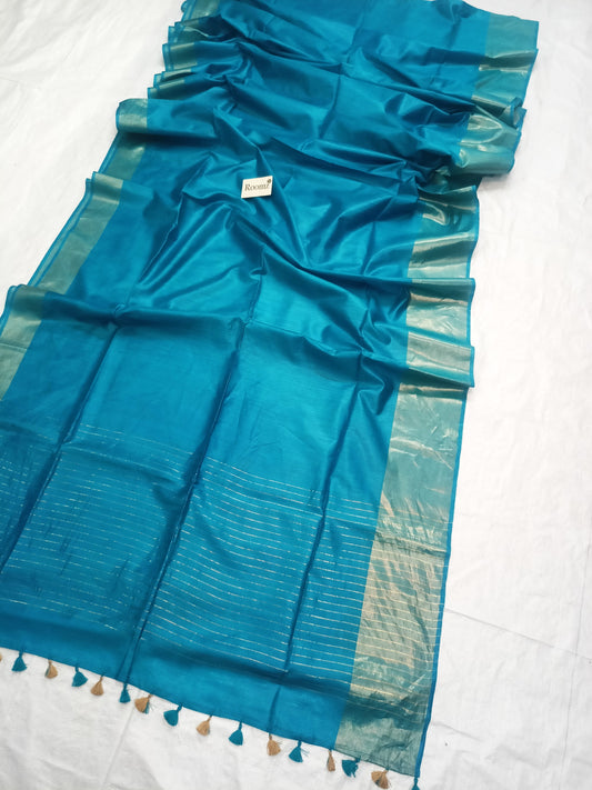  Turquoise Pure Tussar Munga Silk Saree with plain body