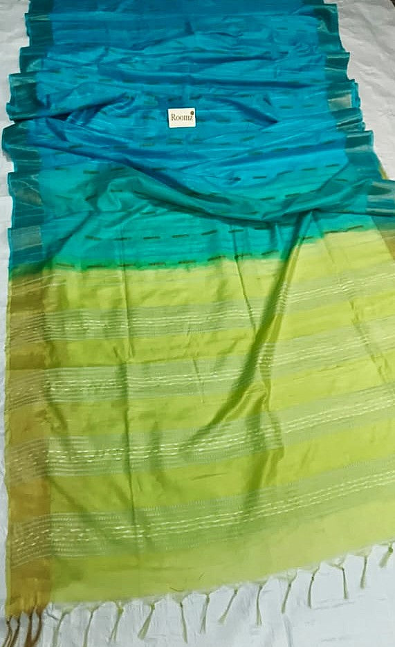 Turquoise and Lemon Yellow Organza Viscose Saree with Dobi Weaving - Roomz Fashion