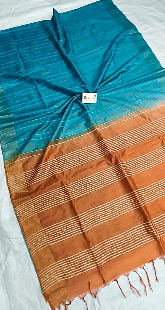Turquoise and Orange Organza Viscose Saree with Dobi Weaving - Roomz Fashion