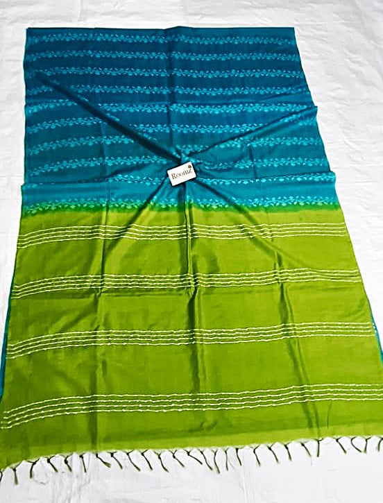 Turquoise and Parrot Green Organza Viscose Saree with Dobi Weaving - Roomz Fashion