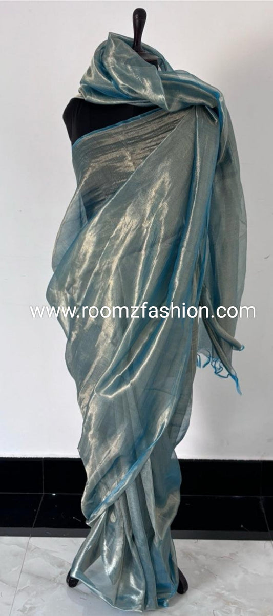 Turquoise tissue silk saree with silk mark certification and plain elegant design