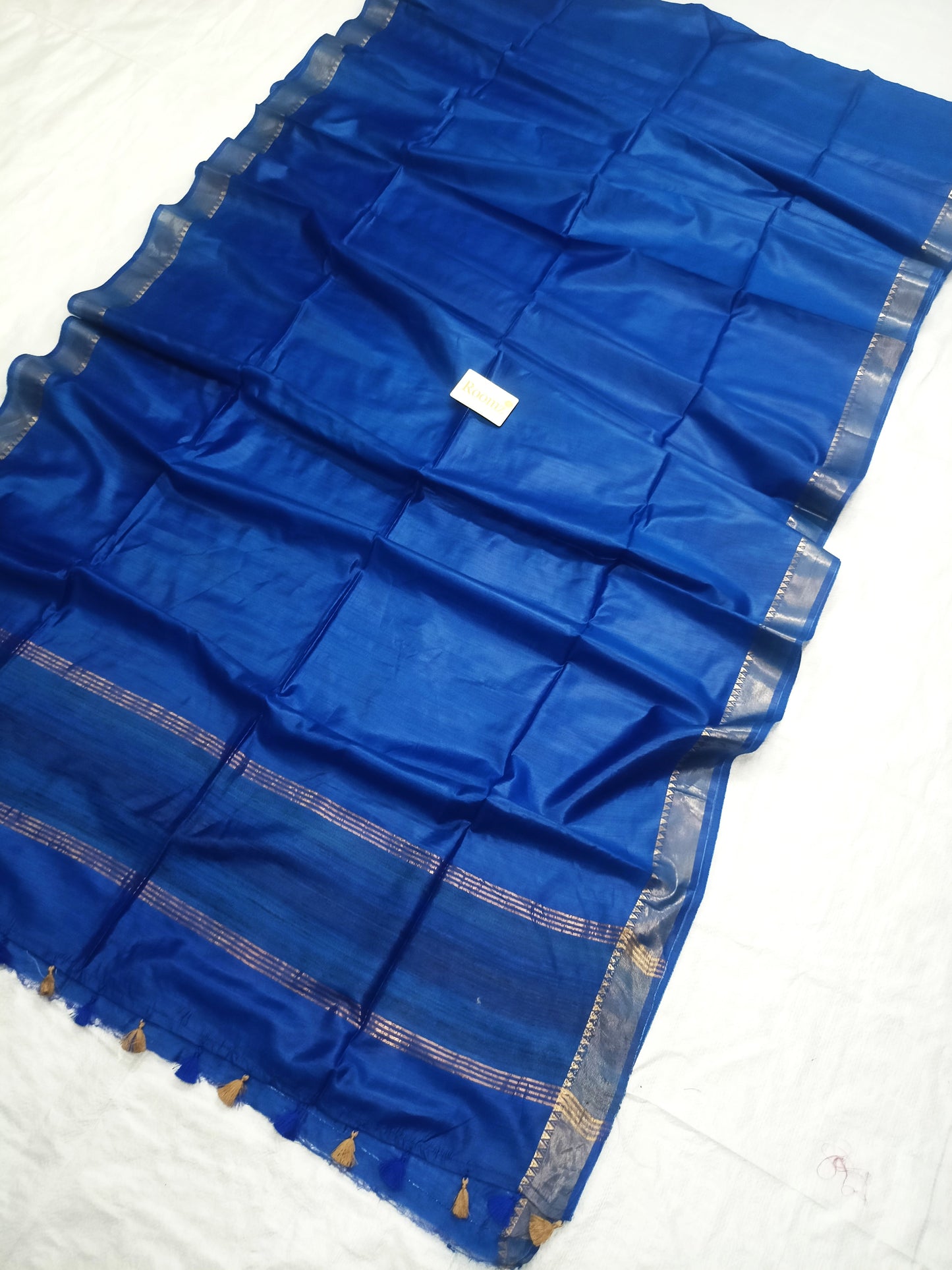 Silk Mark certified blue silk saree with golden border details - Roomz