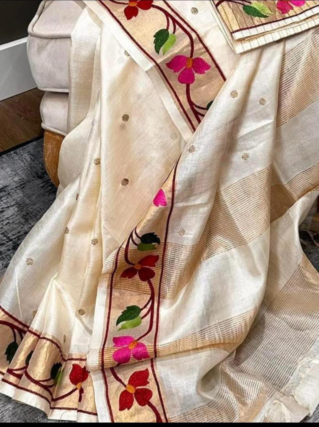 Off-white Tussar silk saree with golden zari border - Silk Mark certified - Roomz Heritage Collection