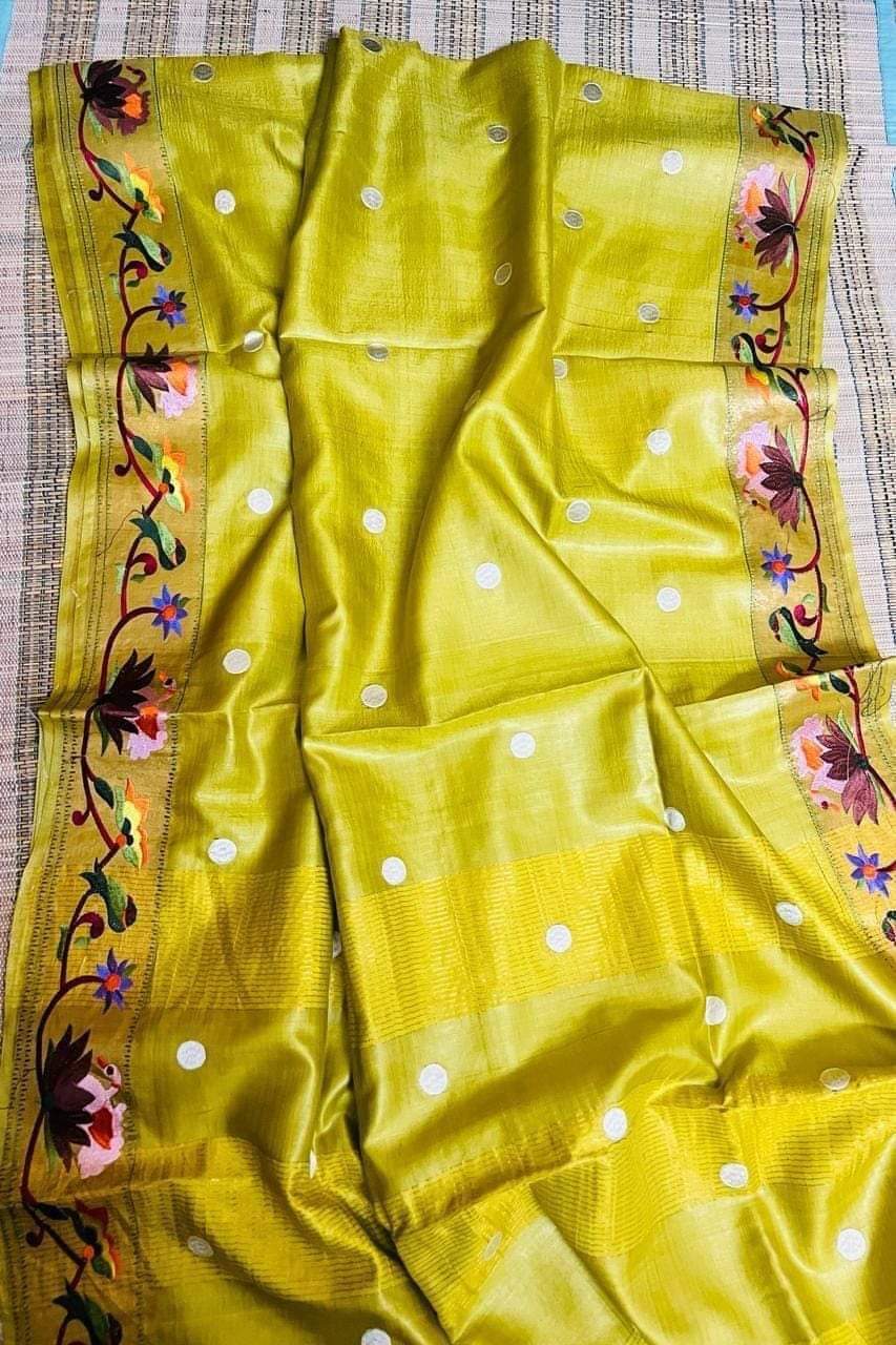 Pink embroidered blouse for yellow Tussar silk saree