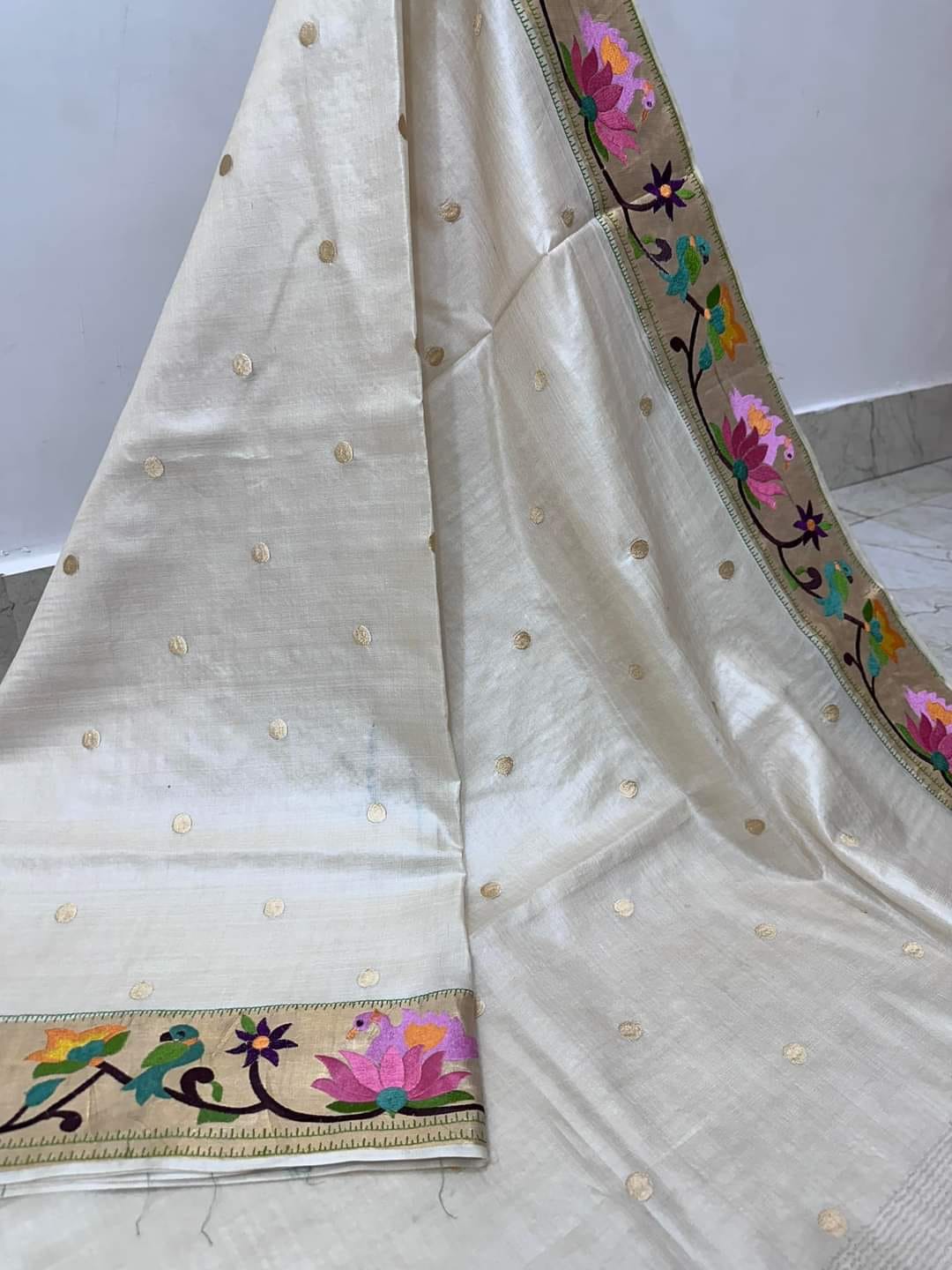 Off-white Tussar silk saree with golden zari border - Silk Mark certified - Roomz Heritage Collection