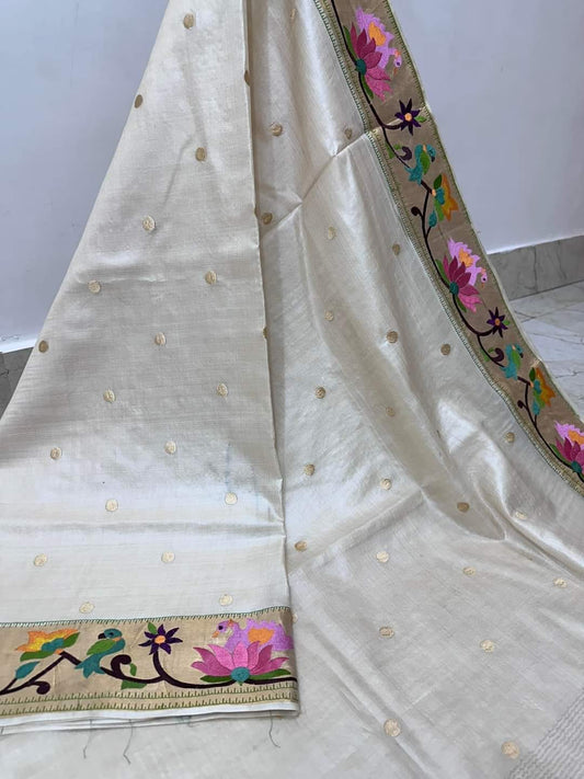 Off-white Tussar silk saree with golden zari border - Silk Mark certified - Roomz Heritage Collection