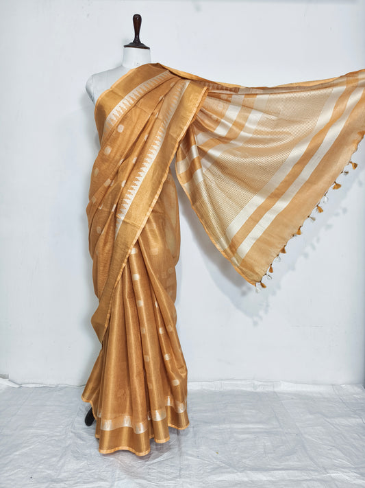 Yellow Tissue Linen Saree with polka dots and temple weaving - Roomz Fashion