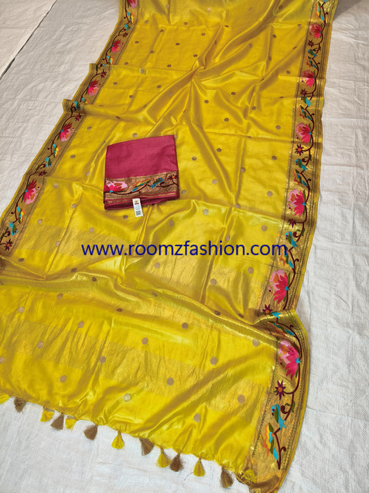 Yellow Tussar silk saree with golden zari border & pink blouse - Silk Mark certified - Roomz Festive Collection