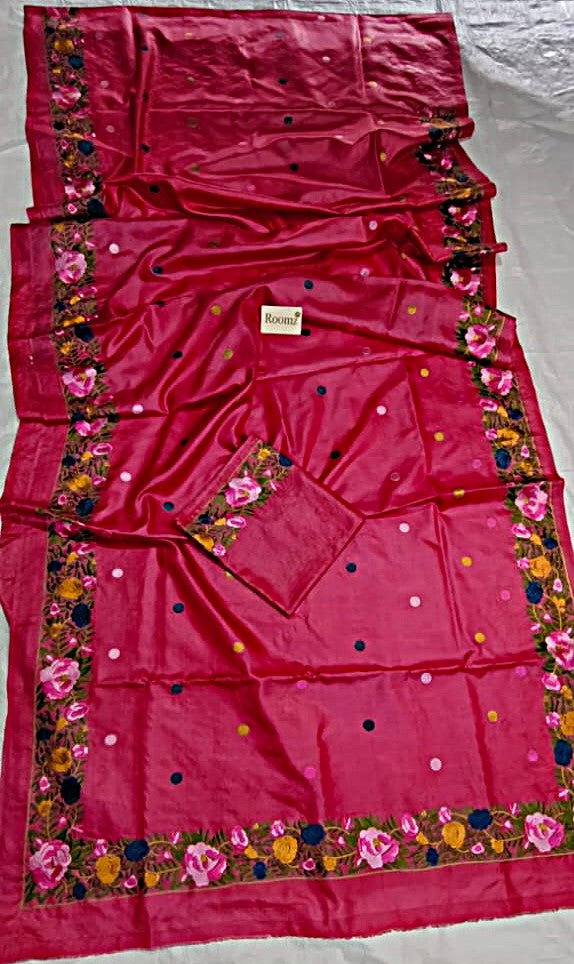 Bright Pink Pure Tussar Silk Saree with multicolor floral embroidery - Roomz Fashion
