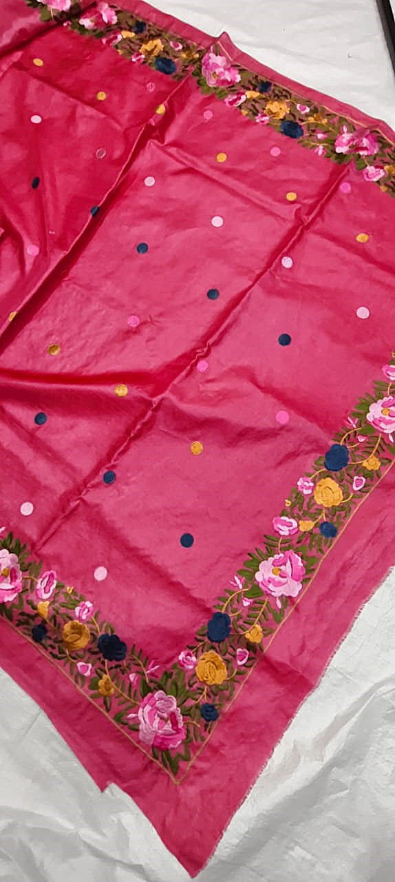 Draped bright pink Tussar silk saree showing pallu detail - Roomz Fashion