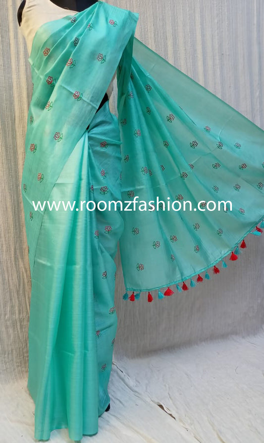 Green handloom Tussar silk saree with floral embroidery - Silk Mark certified - Roomz Nature Collection